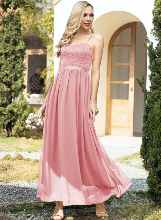 DRESSTELLS Lace Formal Fall Dress for Women Mother of The Bride Wedding Guest Dresses Spaghetti Strap Long Bridesmaid Dresses Evening Gowns Dusty Pink L, Dusty Pink, L - Image 3