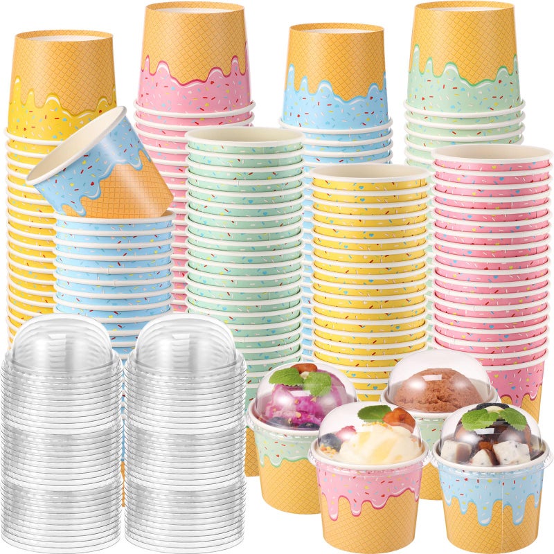 Jingmore 100 Count Paper Ice Cream Cups with Clear Dome Lids Disposable Dessert Cups Bulk Dessert Bowls Sundae Containers for Snack Yogurt Soup Birthday Ice Cream Party Supplies (6 oz) - Image 1