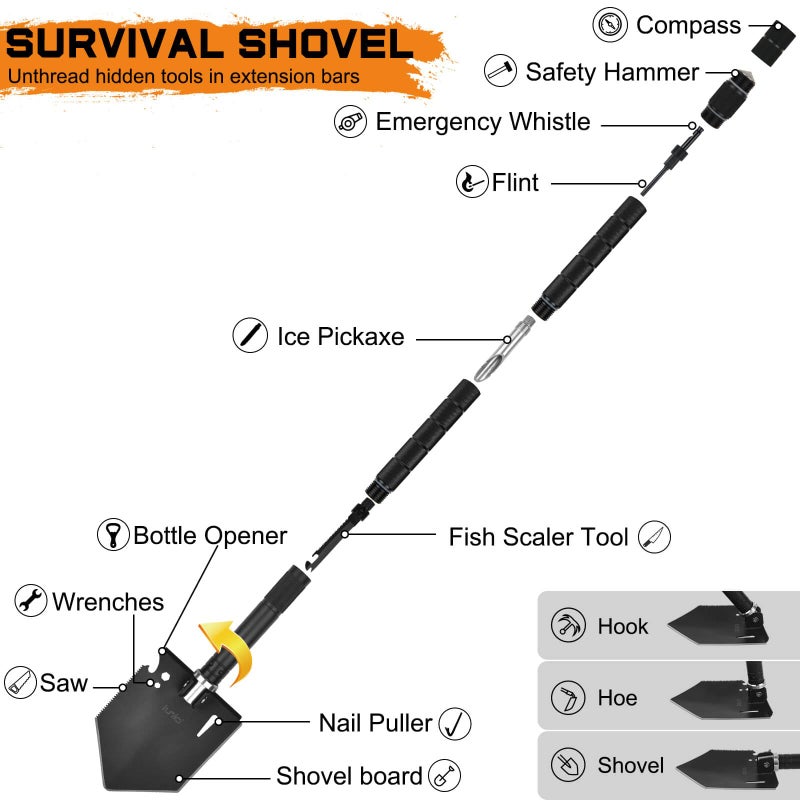 Iunio Survival Off-Roading Tool Kit  19 In 1 Folding Shovel  Camping Axe  Multitool  Pickaxe  With Carrying Bag  For Outdoor  Car Emergency (Upgrade Black) - Image 3