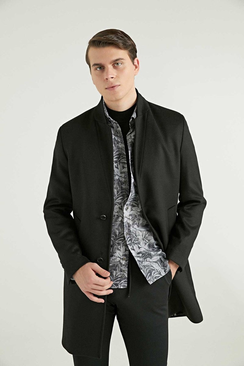 twn Slim Fit Black Single Slit Viscose Coat  - Image 1