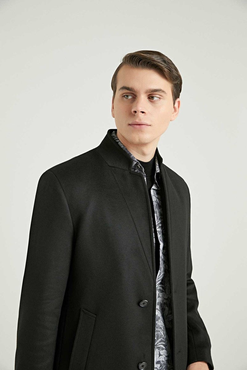 twn Slim Fit Black Single Slit Viscose Coat  - Image 2