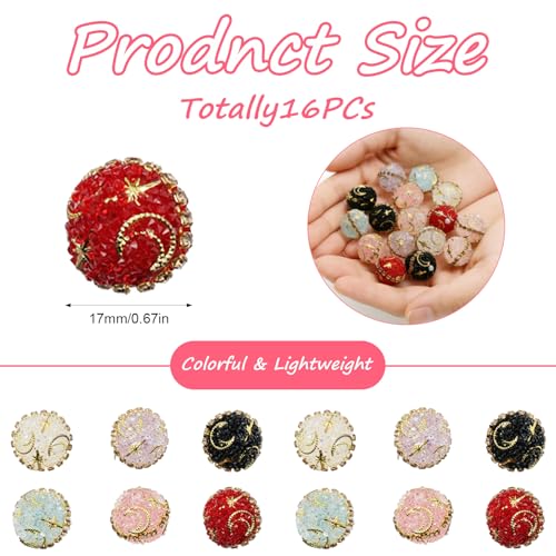 Decoendiy 16Pcs Rhinestone Focal Beads for Pens,Fancy Bling Glitter Sparkle Chunky Diamond Straight Hole Printed Star/Moon Acrylic Beads with Chain,for Jewelry Keychain DIY Making - Image 2