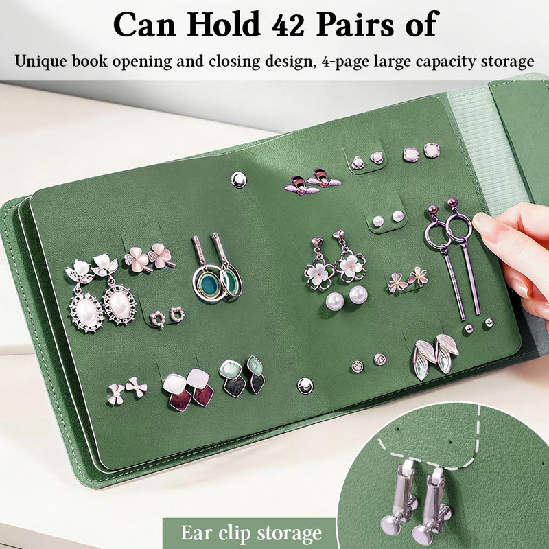 HANNEA® PU Leather Jewellery Organiser Book, Secure Earring Slots, Green Double-Sided Storage, Clear Slots for Quick Viewing, Foldable PU Leather Design, Compact Travel Organisation - Image 5