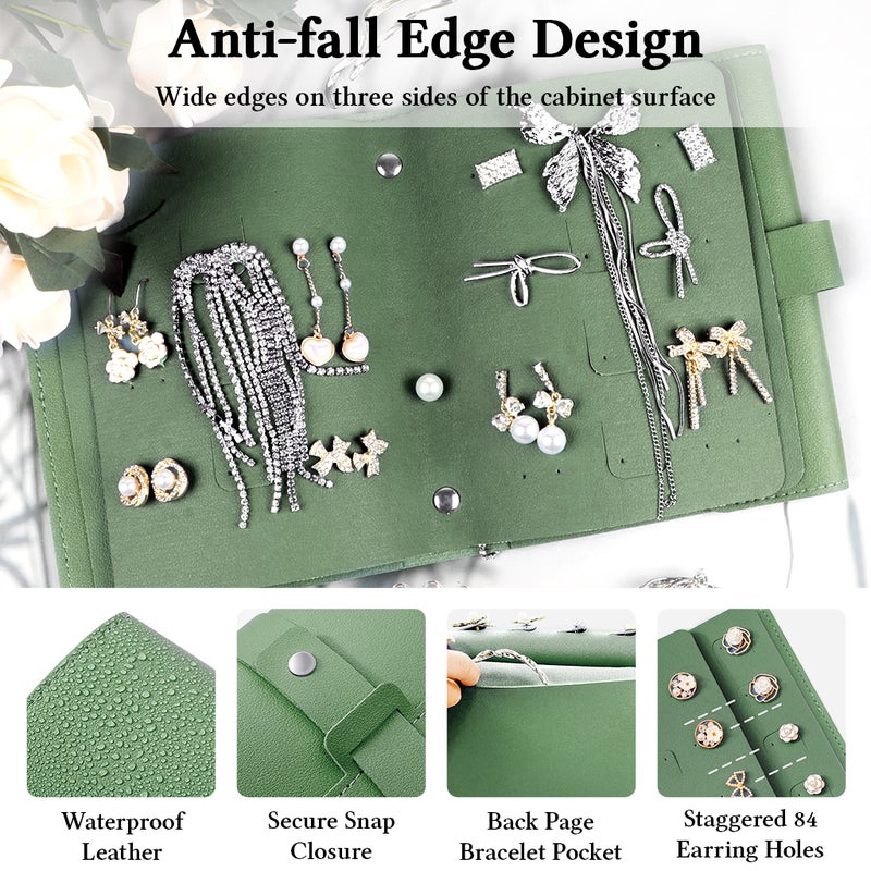 HANNEA® PU Leather Jewellery Organiser Book, Secure Earring Slots, Green Double-Sided Storage, Clear Slots for Quick Viewing, Foldable PU Leather Design, Compact Travel Organisation - Image 3