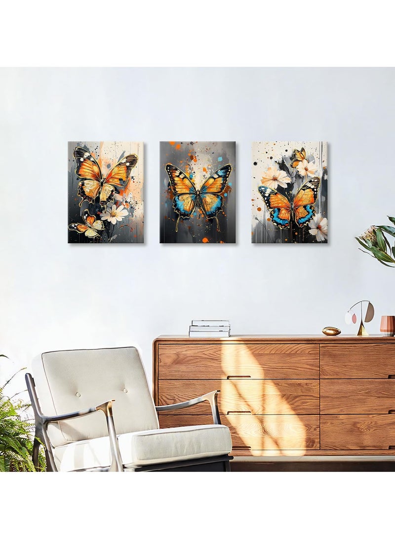 Set Of 3 Framed Canvas Wall Arts Stretched Over Wooden Frame Paintings 30x40 cm Colourful erflies Canvas Wall Art Prints Framed Pictures Vintage Abstract Beige Flower Grey Ink Painting on Canvas Liv  - Image 5