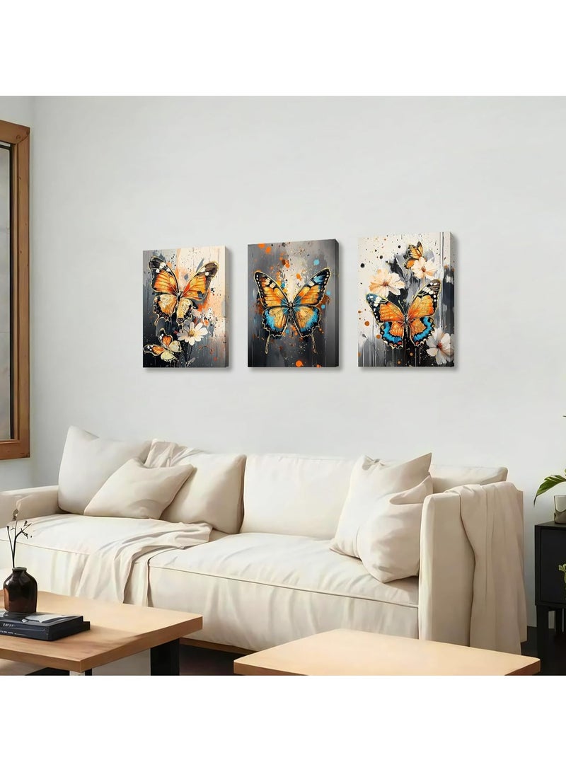 Set Of 3 Framed Canvas Wall Arts Stretched Over Wooden Frame Paintings 30x40 cm Colourful erflies Canvas Wall Art Prints Framed Pictures Vintage Abstract Beige Flower Grey Ink Painting on Canvas Liv  - Image 1