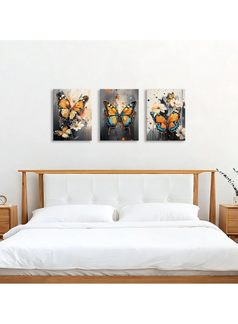 Set Of 3 Framed Canvas Wall Arts Stretched Over Wooden Frame Paintings 30x40 cm Colourful erflies Canvas Wall Art Prints Framed Pictures Vintage Abstract Beige Flower Grey Ink Painting on Canvas Liv  - Image 3