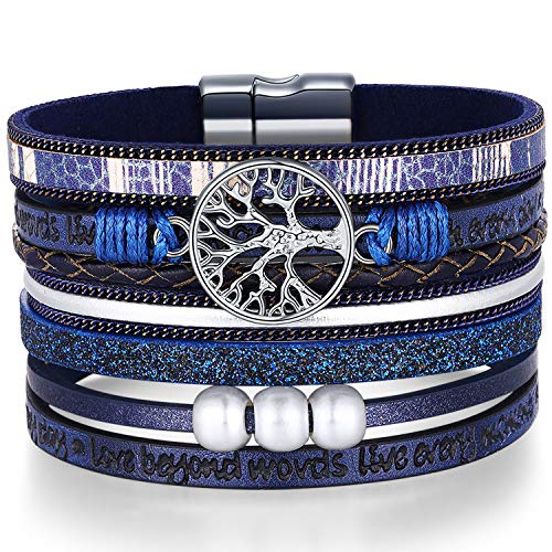 Desimtion Blue Leather Bohemian Wrap Bracelets for Women Boho Buckle Stacking Multilayer Wide Layered Inspirational Family Tree of Life Bracelets for Women Mom Teen Girls Grandma - Image 1