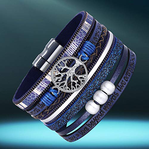 Desimtion Blue Leather Bohemian Wrap Bracelets for Women Boho Buckle Stacking Multilayer Wide Layered Inspirational Family Tree of Life Bracelets for Women Mom Teen Girls Grandma - Image 4
