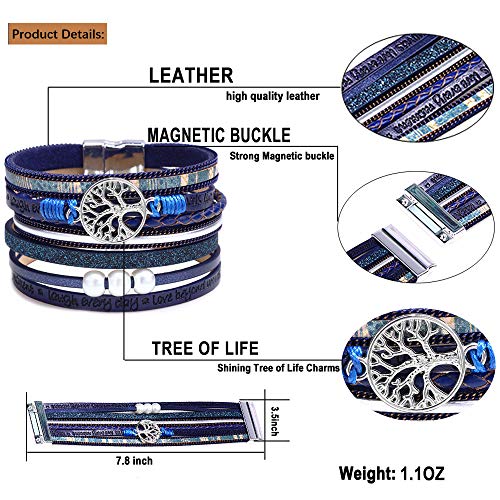 Desimtion Blue Leather Bohemian Wrap Bracelets for Women Boho Buckle Stacking Multilayer Wide Layered Inspirational Family Tree of Life Bracelets for Women Mom Teen Girls Grandma - Image 5