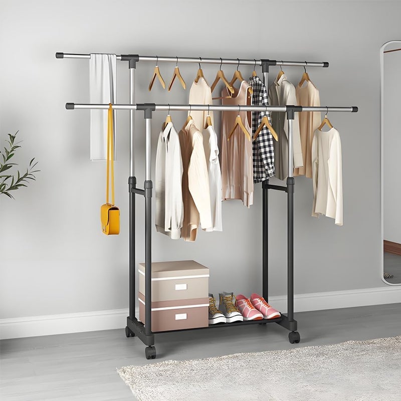 TMOHRA Double Rods Clothes Rack,Adjustable Rolling Clothing Rack for Hanging Clothes Portable Wardrobe Rack,Multipurpose Metal Garment Rack Sturdy Coat Rack for Bedroom Laundry Living Room - Image 1