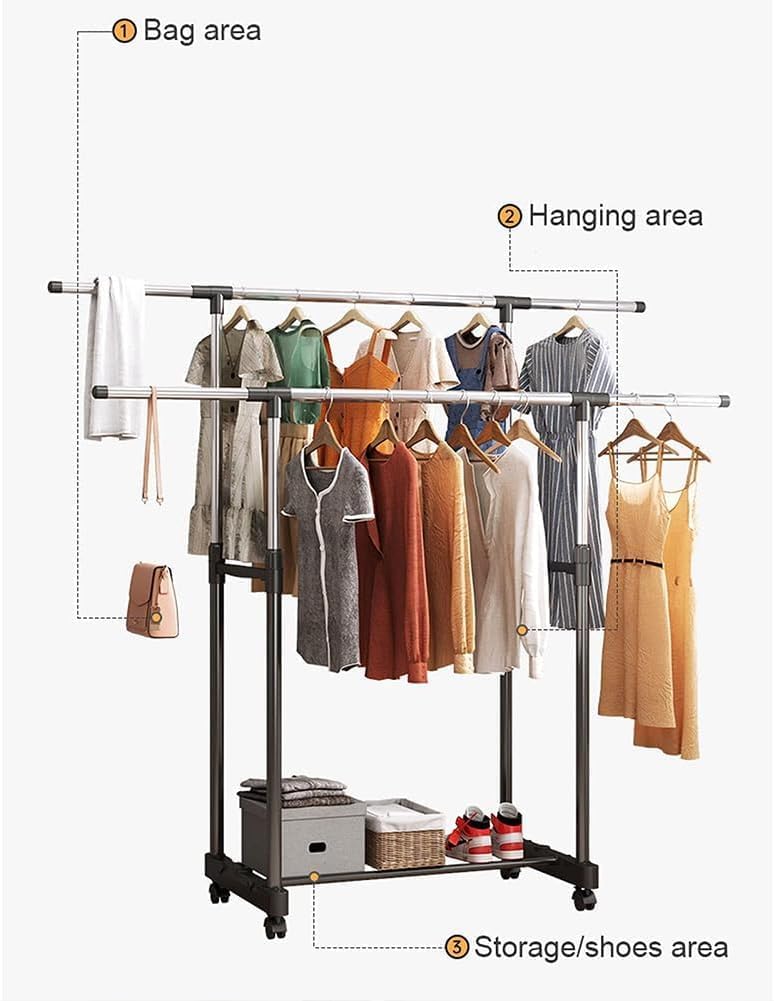 TMOHRA Double Rods Clothes Rack,Adjustable Rolling Clothing Rack for Hanging Clothes Portable Wardrobe Rack,Multipurpose Metal Garment Rack Sturdy Coat Rack for Bedroom Laundry Living Room - Image 3