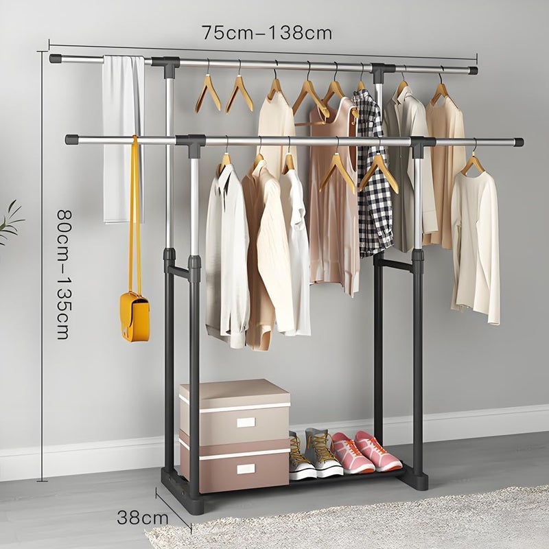 TMOHRA Double Rods Clothes Rack,Adjustable Rolling Clothing Rack for Hanging Clothes Portable Wardrobe Rack,Multipurpose Metal Garment Rack Sturdy Coat Rack for Bedroom Laundry Living Room - Image 2