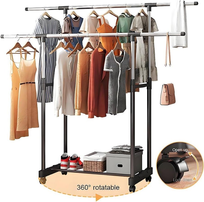 TMOHRA Double Rods Clothes Rack,Adjustable Rolling Clothing Rack for Hanging Clothes Portable Wardrobe Rack,Multipurpose Metal Garment Rack Sturdy Coat Rack for Bedroom Laundry Living Room - Image 5