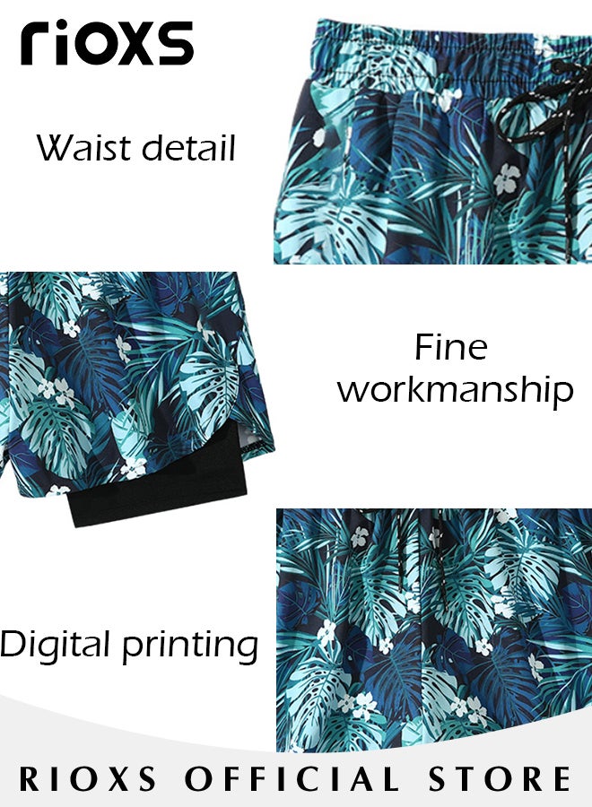 ريوكس سروال سباحة رجالي مزدوج الطبقة، شورت شاطئ صيفي سريع الجفاف بنقوش جذابة، شورت سباحة مريح بجيوب بسحاب وحزام خصر مطاطي، شورت سباحة رياضي عصري غير رسمي، مناسب للأنشطة الخارجية - Image 5