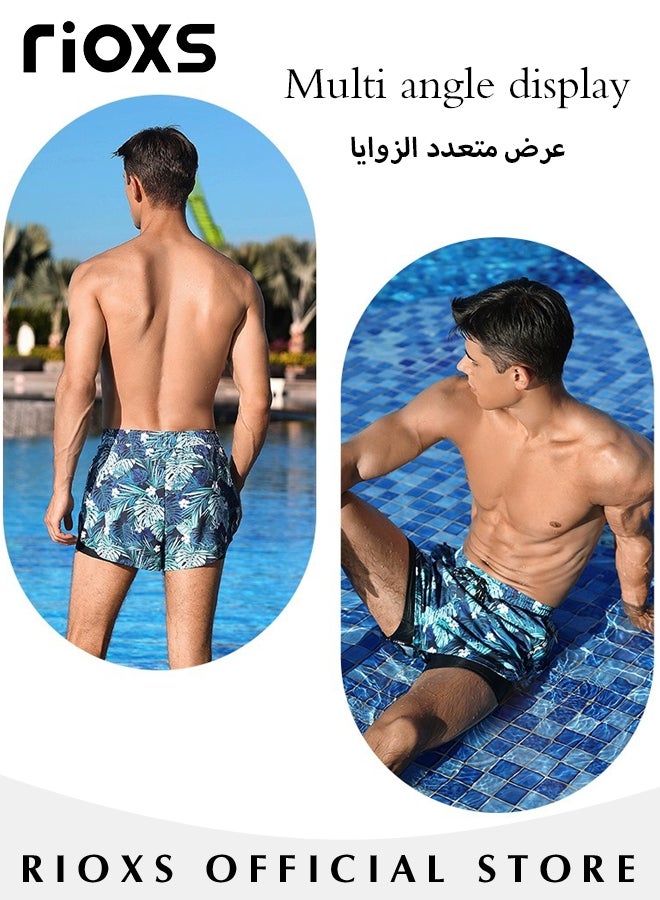 ريوكس سروال سباحة رجالي مزدوج الطبقة، شورت شاطئ صيفي سريع الجفاف بنقوش جذابة، شورت سباحة مريح بجيوب بسحاب وحزام خصر مطاطي، شورت سباحة رياضي عصري غير رسمي، مناسب للأنشطة الخارجية - Image 4