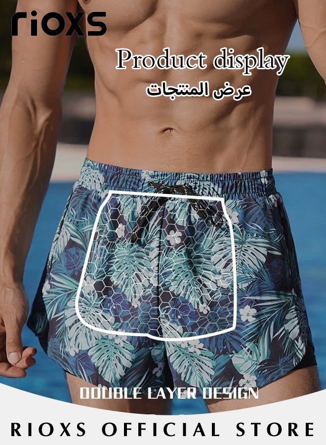 ريوكس سروال سباحة رجالي مزدوج الطبقة، شورت شاطئ صيفي سريع الجفاف بنقوش جذابة، شورت سباحة مريح بجيوب بسحاب وحزام خصر مطاطي، شورت سباحة رياضي عصري غير رسمي، مناسب للأنشطة الخارجية - Image 3
