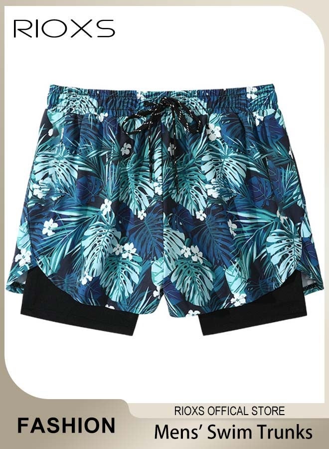 RIOXS Men's Double Layer Swimming Trunks, Summer Quick-drying Beach Shorts with Striking Patterns, Comfortable Swimming Shorts with Zippered Pockets and Elastic Waistband, Fashionable Casual Bathing Shorts Sports Shorts, Suitable for Outdoor Activities - Image 2
