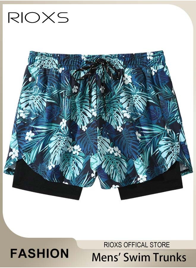 RIOXS - Men's Double Layer Beach Shorts, Comfortable Swimming Shorts with Zippered Pockets and Elastic Waistband, Quick-drying Swim Trunks with Striking Patterns, Fashionable Casual Bathing Short, Suitable for Outdoor Activities - Image 1
