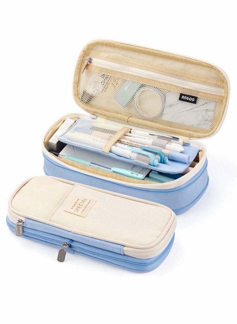 KASTWAVE Big Capacity Pencil Pen Case, Office College School Large Storage High Capacity Bag Pouch Holder Box Organizer Light, (Blue) - Image 1