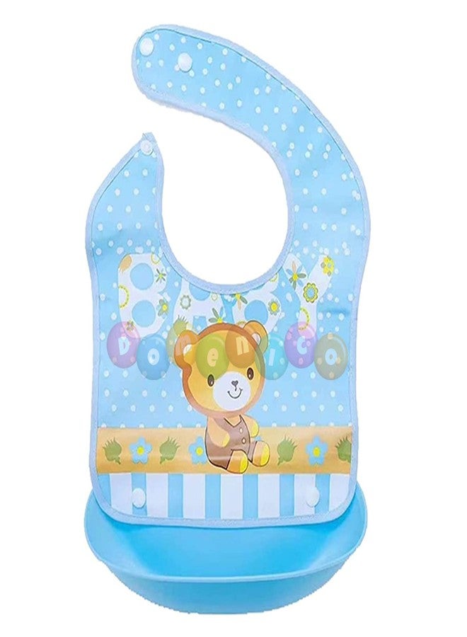 DOMENICO Baby Silicon Bib/Apron for Feeding Infants and Toddlers with Detachable Food Catcher, Waterproof (Random Colours And Prints) (Pack of 1) - Image 1