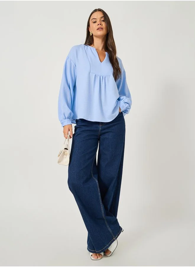Styli Styli Balloon Sleeve V-Neck Linen Blouse