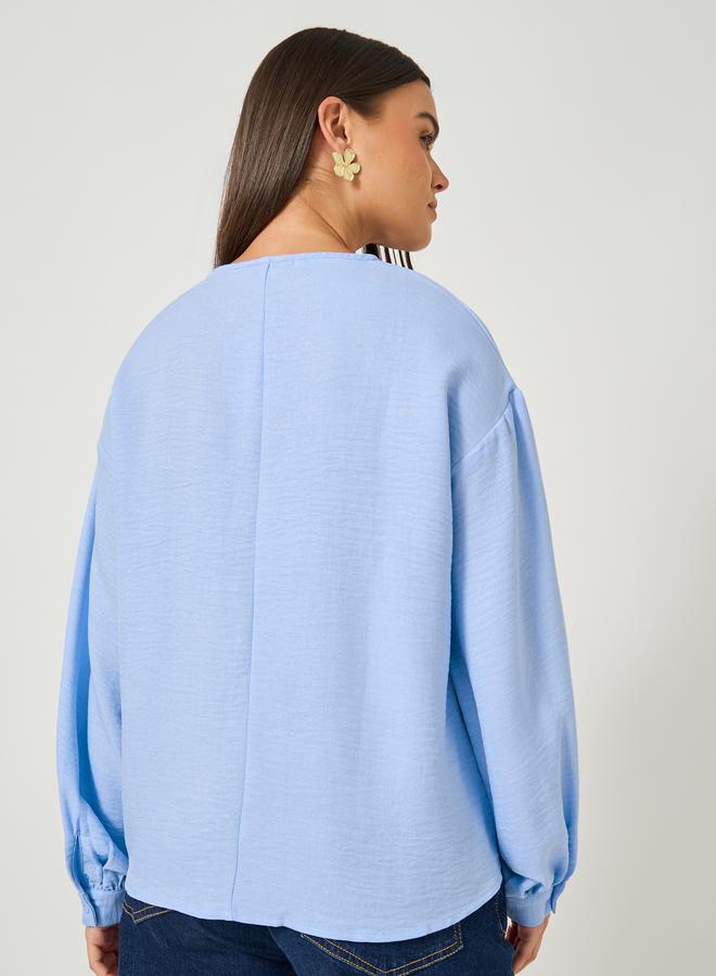 ستايلي بلوزة كتان بياقة على شكل حرف  وأكمام بالون - Image 4