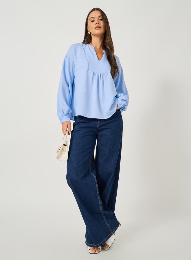 ستايلي بلوزة كتان بياقة على شكل حرف  وأكمام بالون - Image 2