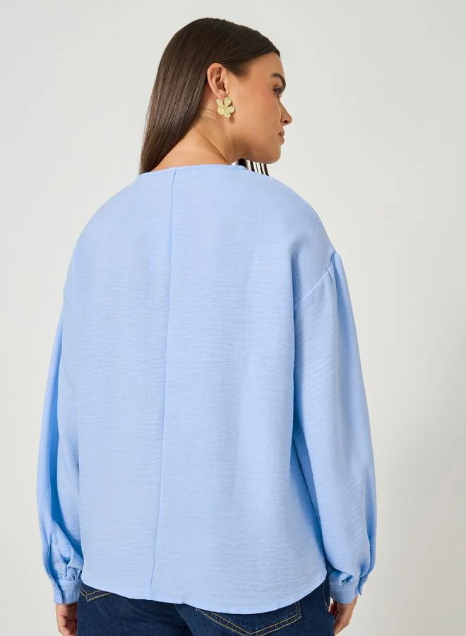Styli Styli Balloon Sleeve V-Neck Linen Blouse