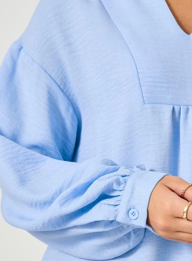 Styli Styli Balloon Sleeve V-Neck Linen Blouse