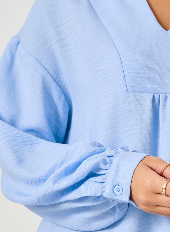 ستايلي بلوزة كتان بياقة على شكل حرف  وأكمام بالون - Image 3