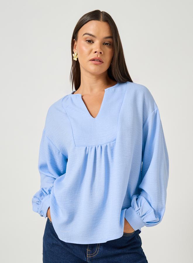 ستايلي بلوزة كتان بياقة على شكل حرف  وأكمام بالون - Image 1