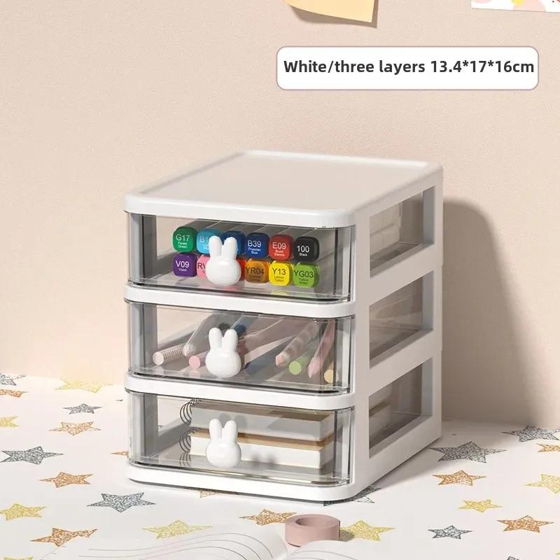 Cute Transparent Cosmetics Jewelry Storage Cabinet Office Desk Drawer Storage Box Plastic Multi-Layer Small Storage Box(White rabbit three layers) - Image 1
