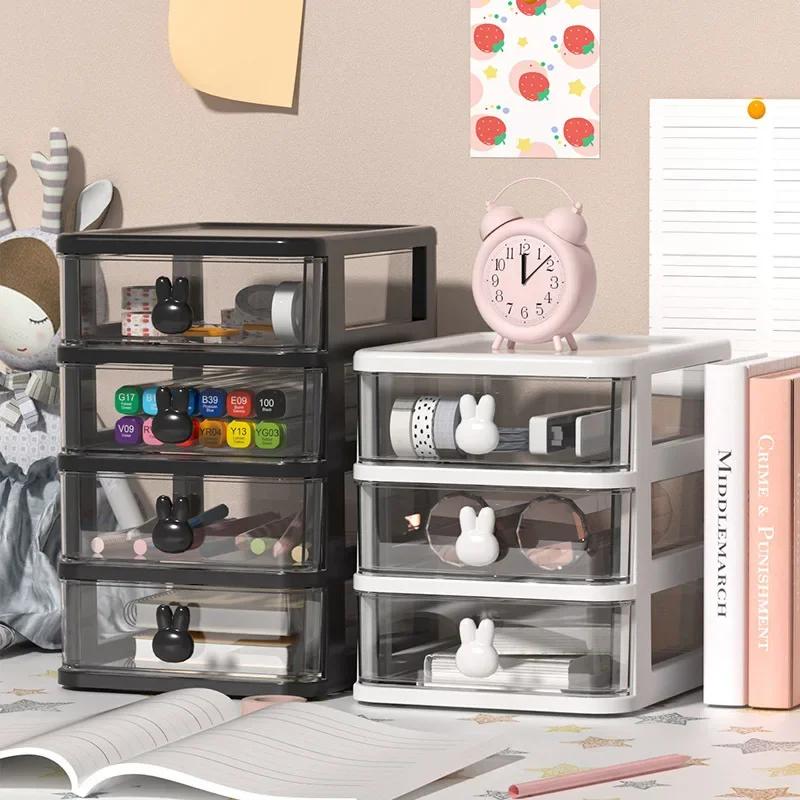 Cute Transparent Cosmetics Jewelry Storage Cabinet Office Desk Drawer Storage Box Plastic Multi-Layer Small Storage Box(White rabbit three layers) - Image 5