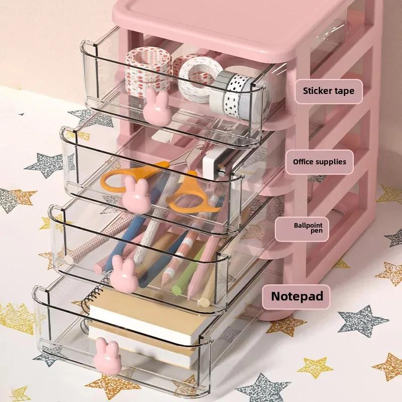 Cute Transparent Cosmetics Jewelry Storage Cabinet Office Desk Drawer Storage Box Plastic Multi-Layer Small Storage Box(White rabbit three layers) - Image 3