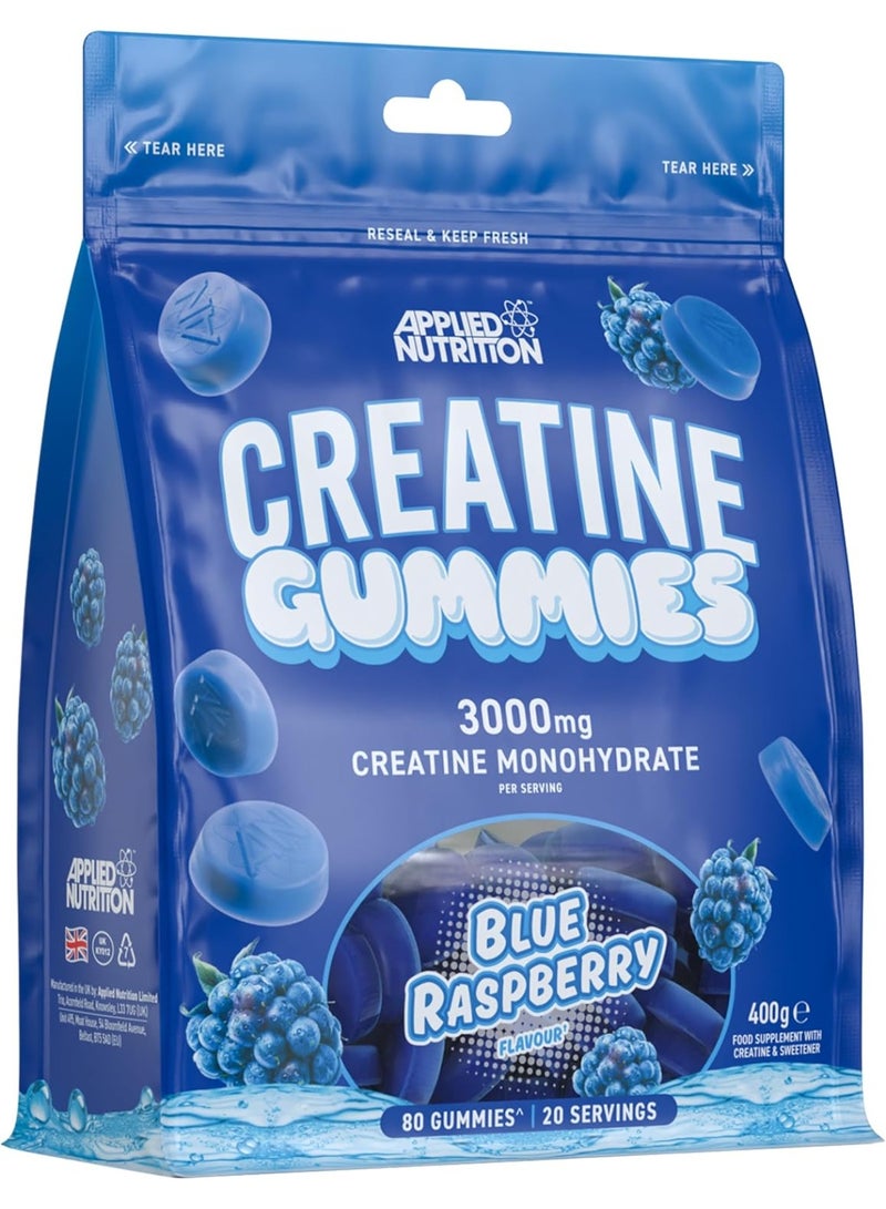 أبلايد نيوتريشن علكات الكرياتين من أبلايد نيوتريشن - 3000 ملغ من أحادي هيدرات الكرياتين لكل حصة، 80 علكة نباتية، (بنكهة التوت الأزرق) تدعم قوة العضلات والأداء