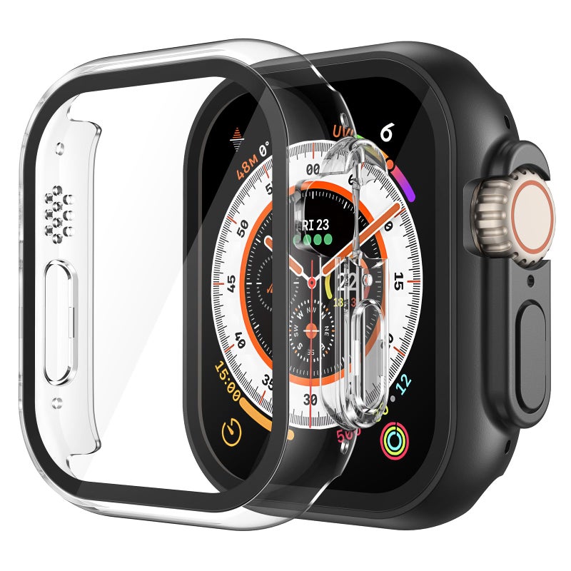 Misxi 2 Pack PC Case Built-in Tempered Glass Screen Protector Compatible with 49mm Apple Watch Ultra 3 (2025) / Ultra 2 / Ultra, Shockproof Protective Cover with Button for iWatch, 1 Black + 1 Transparent - Image 1