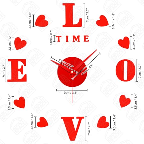 ABOUT SPACE Wall Clock - DIY Wall Sticker Clock Self Adhesive, Non-Ticking, Frameless, Acrylic Analog Watch Adjustable Size for Living Room, Bedroom, Office (Red - Letters, Hearts), 25cm, 50cm - Image 2