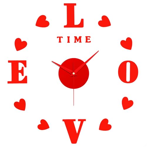 ABOUT SPACE Wall Clock - DIY Wall Sticker Clock Self Adhesive, Non-Ticking, Frameless, Acrylic Analog Watch Adjustable Size for Living Room, Bedroom, Office (Red - Letters, Hearts), 25cm, 50cm - Image 1