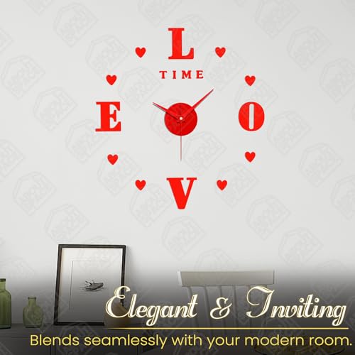 ABOUT SPACE Wall Clock - DIY Wall Sticker Clock Self Adhesive, Non-Ticking, Frameless, Acrylic Analog Watch Adjustable Size for Living Room, Bedroom, Office (Red - Letters, Hearts), 25cm, 50cm - Image 5