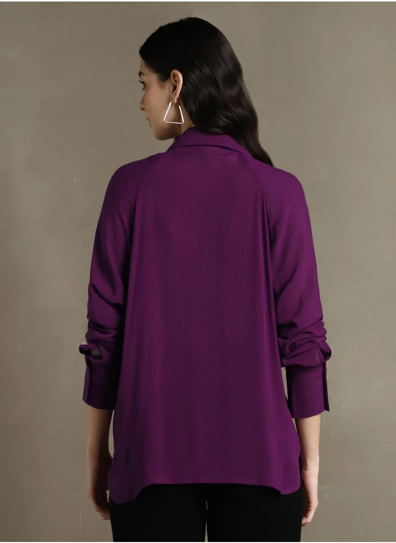Dennis Lingo Women's Purple 100% Rayon Solid Oversized Shirt