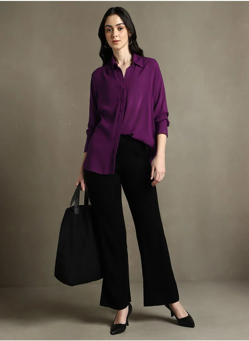 Dennis Lingo Women's Purple 100% Rayon Solid Oversized Shirt