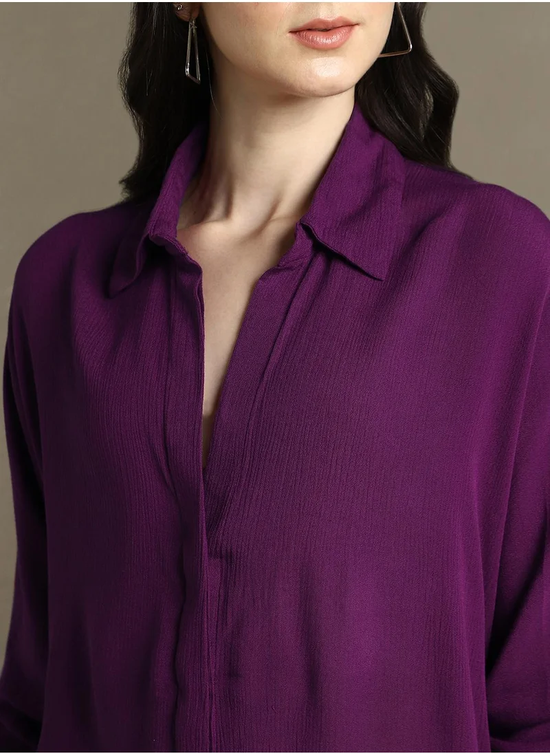 Dennis Lingo Women's Purple 100% Rayon Solid Oversized Shirt