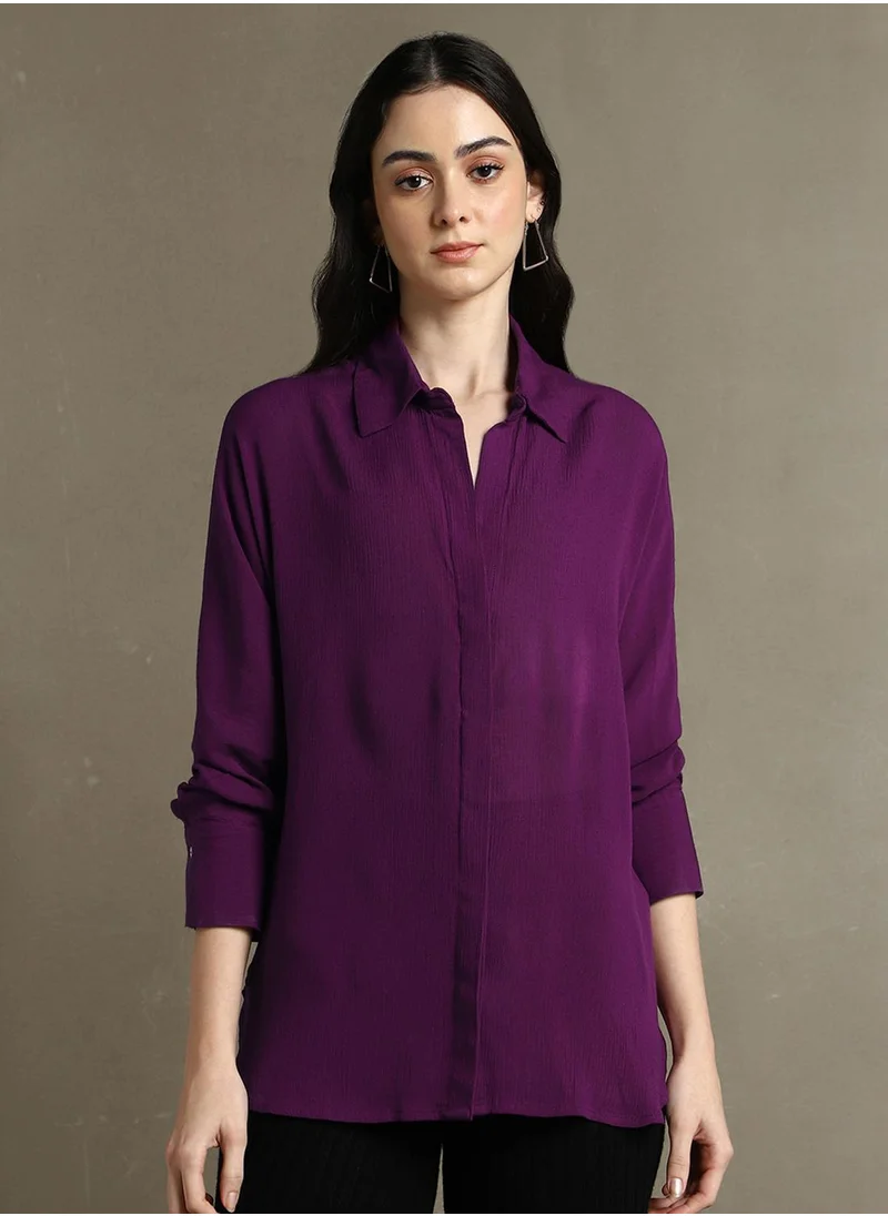 Dennis Lingo Women's Purple 100% Rayon Solid Oversized Shirt