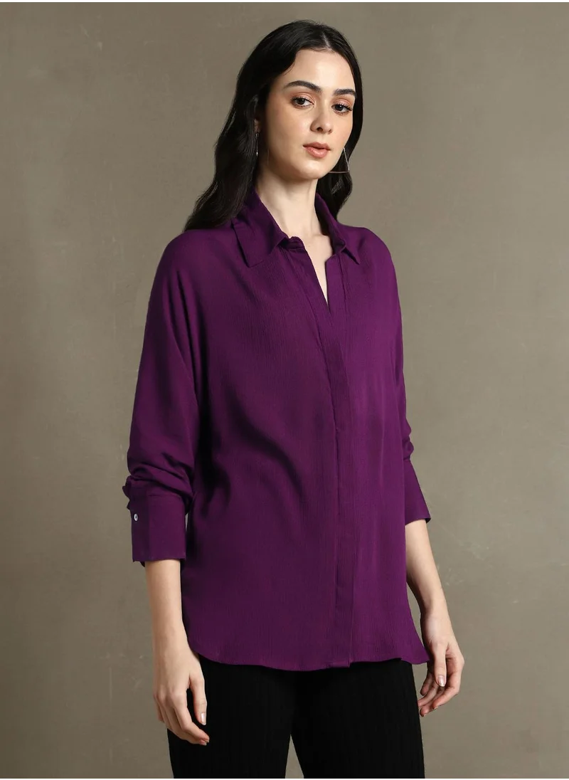 Dennis Lingo Women's Purple 100% Rayon Solid Oversized Shirt