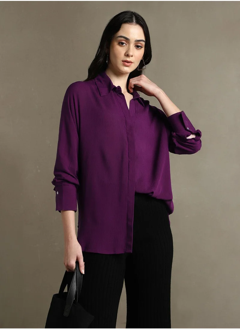 Dennis Lingo Women's Purple 100% Rayon Solid Oversized Shirt