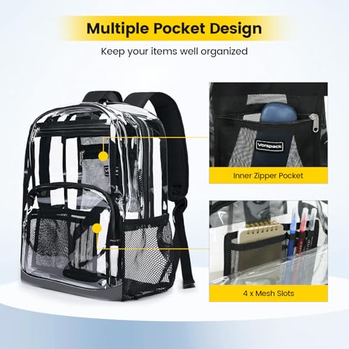 Vorspack Clear Backpack Heavy Duty - Large Transparent Bookbag for Adults, See Through Backpack for College, Work, Travel - Black - Image 4