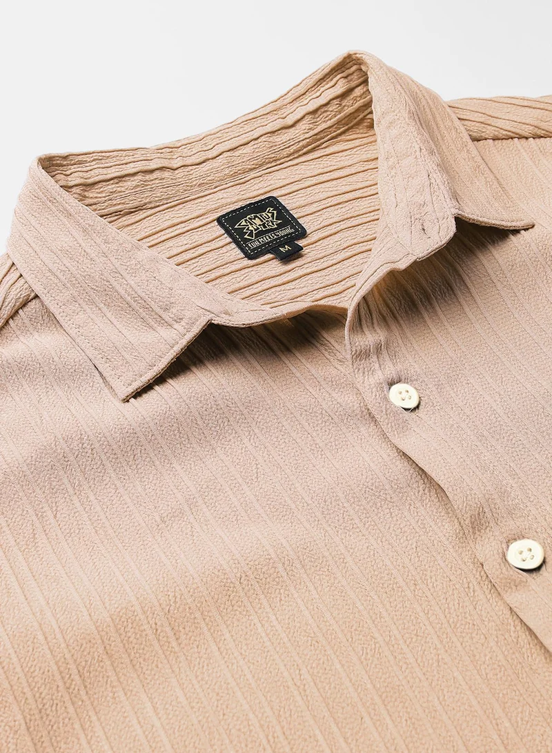 Campus Sutra Men's Light Beige Self-Design Striped Shirt