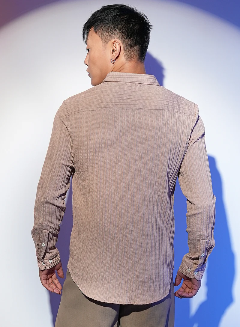 Campus Sutra Men's Light Beige Self-Design Striped Shirt