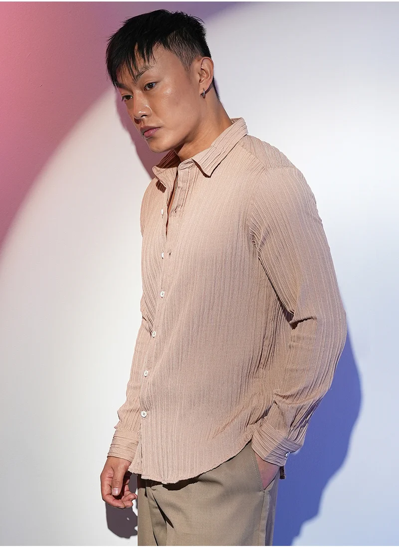 كامبوس سوترا Men's Light Beige Self-Design Striped Shirt
